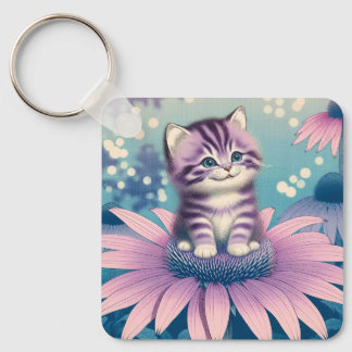 Kitten in purple flower keyring