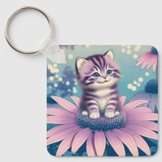 Kitten in purple flower keyring (Front)