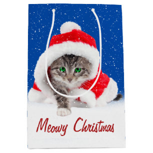 Kitten In Santa Hat and Snowflakes Medium Gift Bag