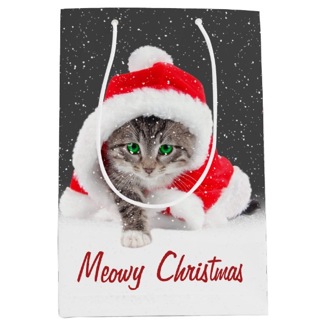 Kitten In Santa Hat and Snowflakes Medium Gift Bag (Front)