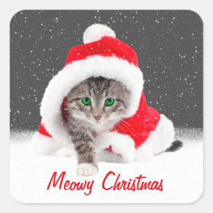 Kitten In Santa Hat and Snowflakes Square Sticker