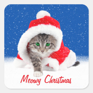 Kitten In Santa Hat and Snowflakes Square Sticker