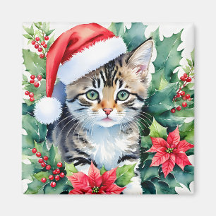 Kitten In Santa Hat Christmas Watercolor Art Magnet