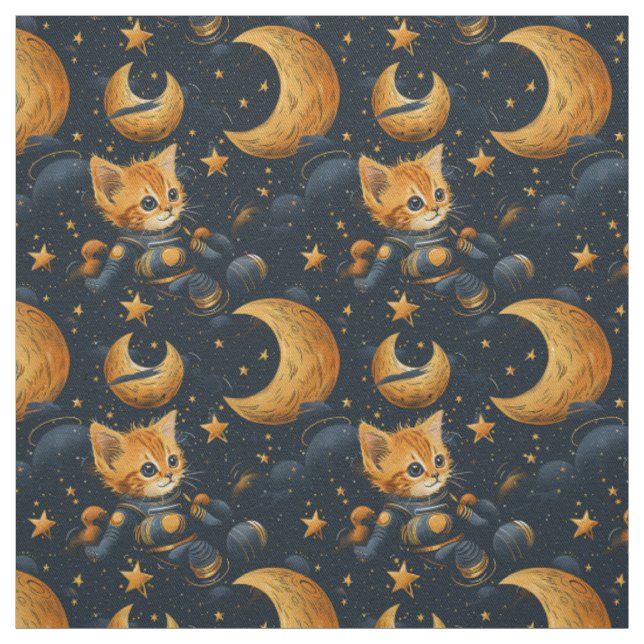 Kitten in space. Cute nursery themed Fabric (Swatch)