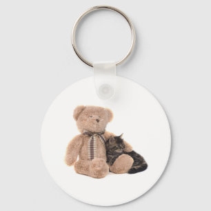 kitten in the arms of a teddy bear key ring