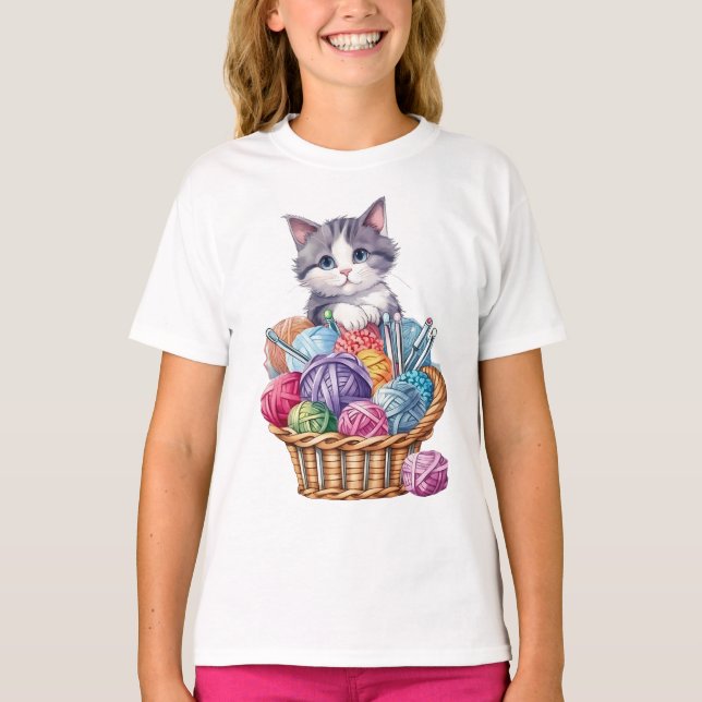 Kitten In the Knitting Basket of Wool T-Shirt (Front)