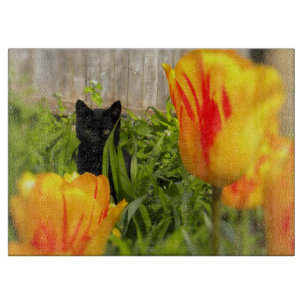 Kitten in the Tulips Glass Cutting Board