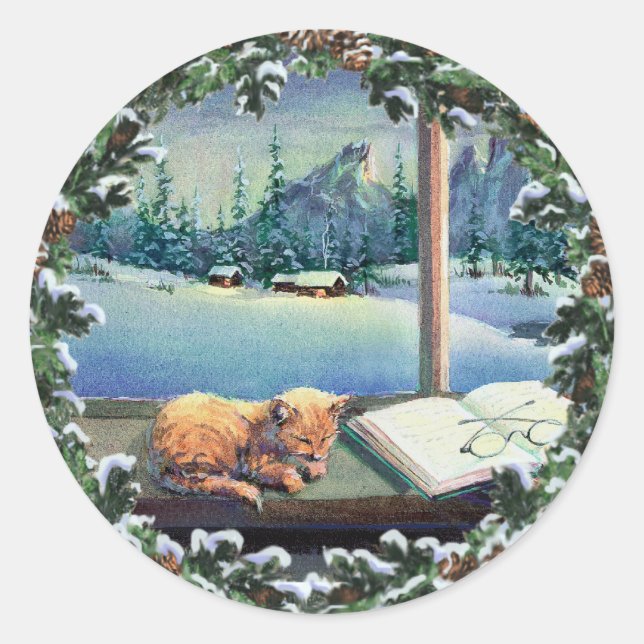 KITTEN in the WINDOW & WREATH by SHARON SHARPE Classic Round Sticker (Front)