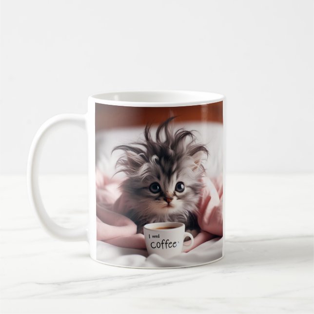 Kitten just waking up in need of some coffee. coffee mug (Left)