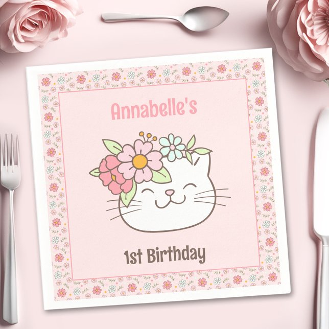 Kitten Kitty Cat Pink Girl 1st Birthday Napkins (Kitten Kitty Cat Pink Girl 1st Birthday Napkins)