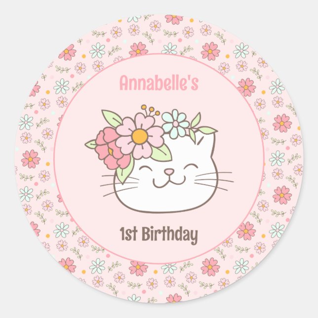 Kitten Kitty Cute Cat Pink Girl 1st Birthday Classic Round Sticker (Front)