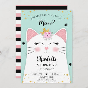 Kitten Meow Birthday Green Invitation