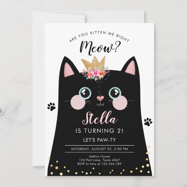 Kitten Meow Pink Crown Girl Kitty Cat Birthday Invitation (Front)