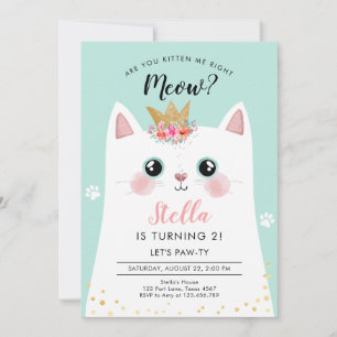Kitten Meow Teal Crown Girl Kitty Cat Birthday Invitation