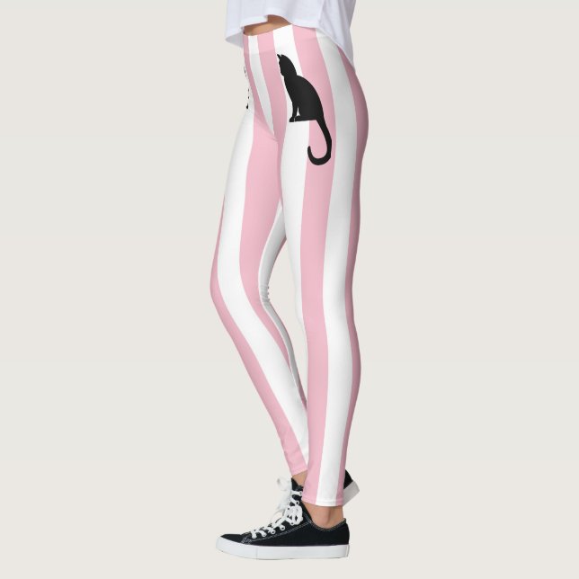 Kitten Monogram Pink and White vertical stripes Leggings (Left)