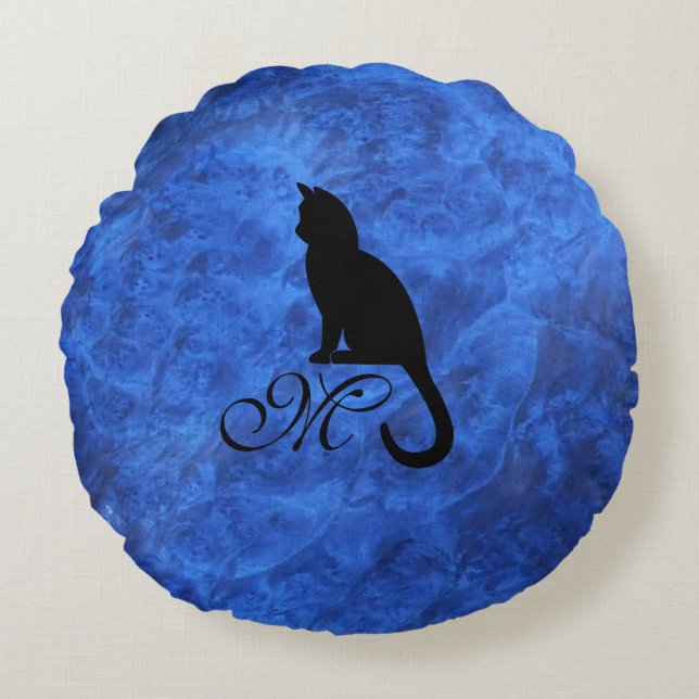 Kitten Monogram Sapphire Blue  Round Cushion (Front)
