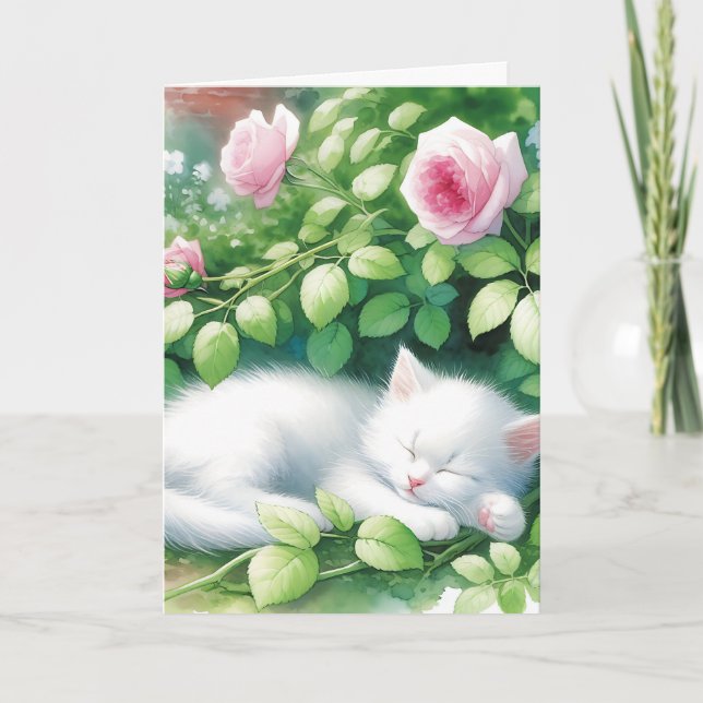  Kitten Napping Under Rosebush Birthday Card (Front)