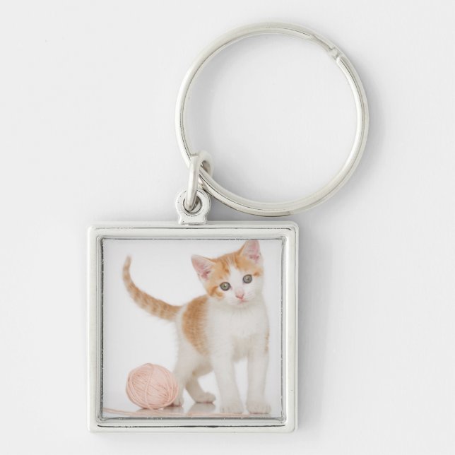 Kitten Next To Ball Of String Key Ring (Front)