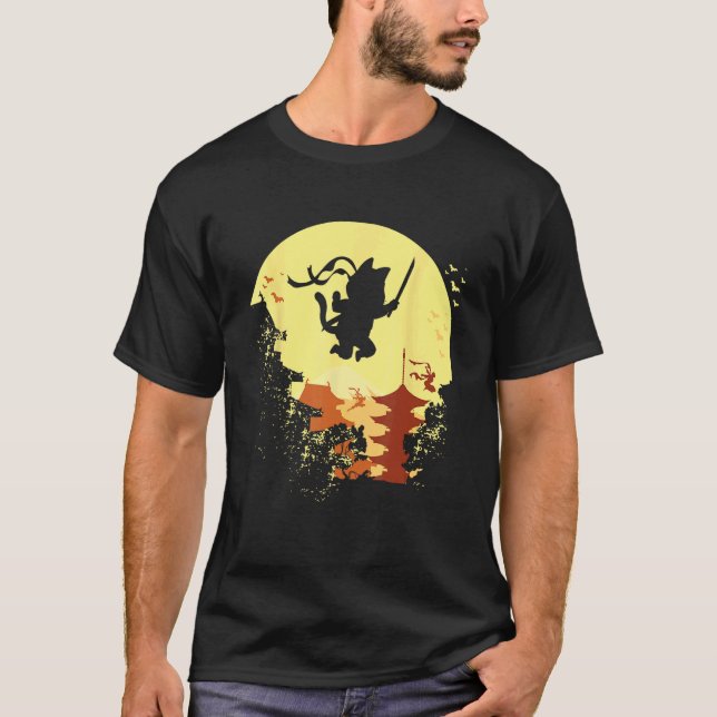 Kitten Ninja Warrior Cat Sword Fighter Samurai Cat T-Shirt (Front)