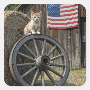 Kitten On an Old Wagon Wheel  Square Sticker