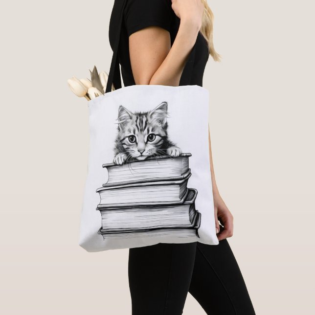 Kitten on Books Monochromatic Tote Bag (Close Up)