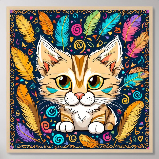 kitten painting cute brown play feather ball toys poster (kitten painting cute brown play feather ball toys)