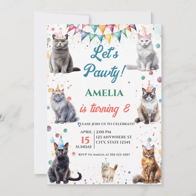 Kitten Party Let's Pawty Fun Cat Birthday Invitation (Front)
