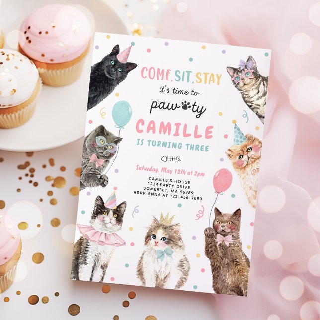 Kitten Party Let's Pawty Kitty Cat Birthday Invitation (Creator Uploaded)