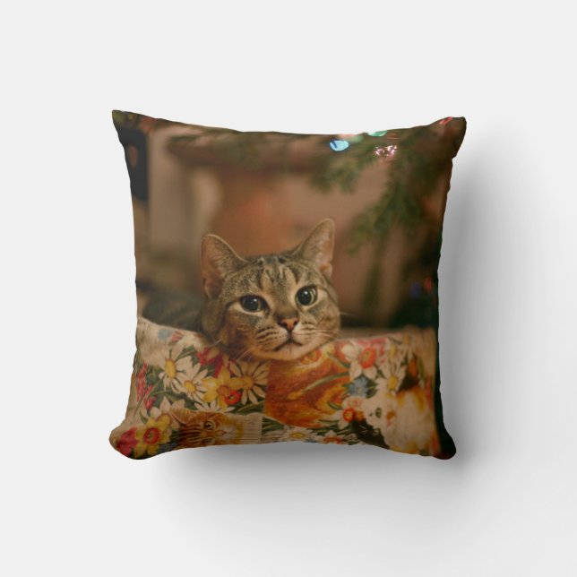 Kitten peeking behind the Christmas tree Cushion (Front)