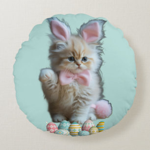 Kitten Photo Bunny Ears Blue Round Cushion