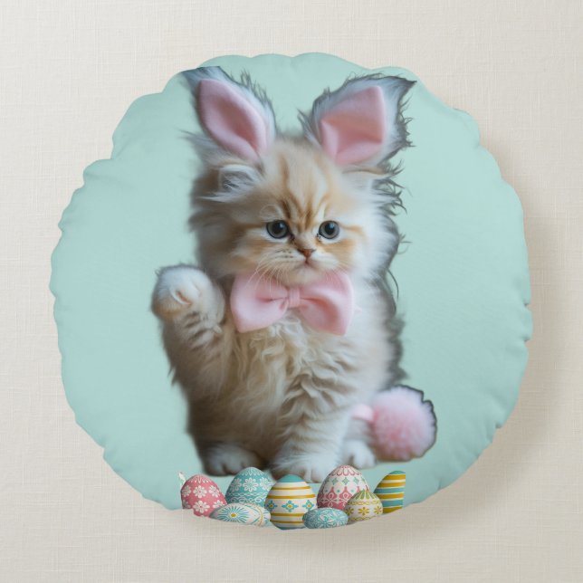 Kitten Photo Bunny Ears Blue  Round Cushion (Front)