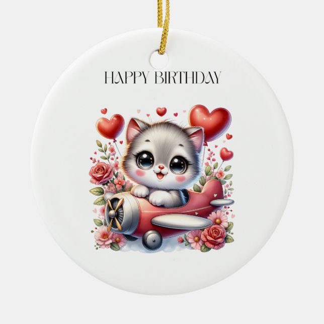 Kitten Pilot Birthday Ceramic Tree Decoration (Front)