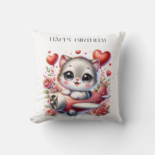 Kitten Pilot Birthday Cushion (Front)