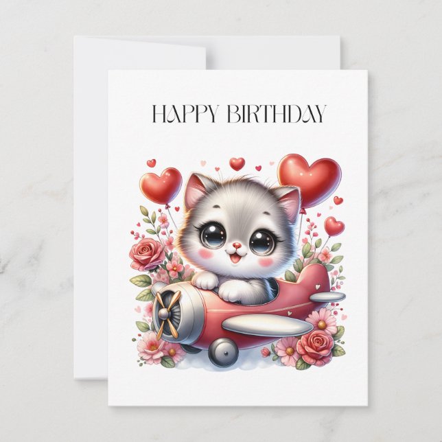 Kitten Pilot Birthday Invitation (Front)