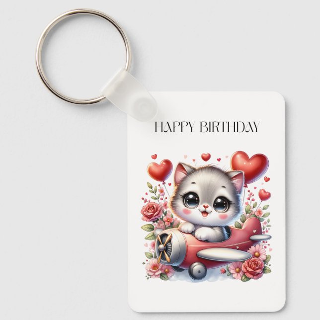 Kitten Pilot Birthday Key Ring (Front)