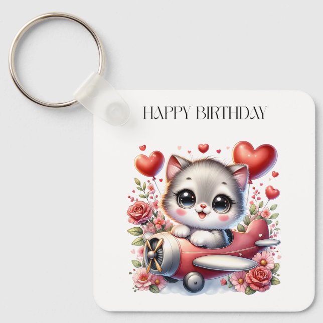 Kitten Pilot Birthday Key Ring (Front)