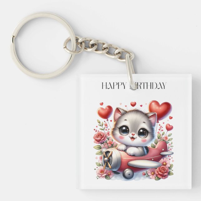 Kitten Pilot Birthday Key Ring (Front)