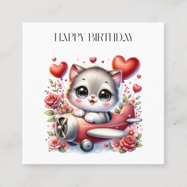 Kitten Pilot Birthday Square Business Card (Front)