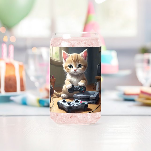 Kitten Playing Gaming Console, Can Glass (Insitu (Birthday))