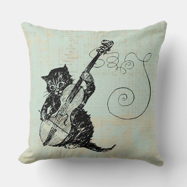 Kitten Playing Violin Teal Music Cat Illustration Cushion (Front)