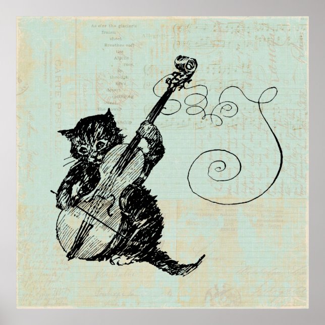 Kitten Playing Violin Teal Music Cat Illustration Poster (Front)