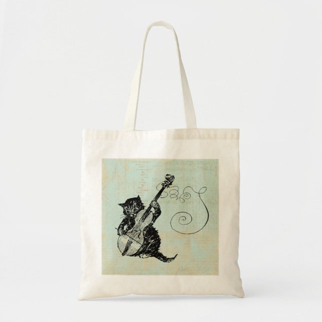 Kitten Playing Violin Teal Music Cat Illustration Tote Bag (Front)