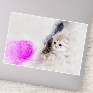 Kitten playing with a pink yarn ball watercolor