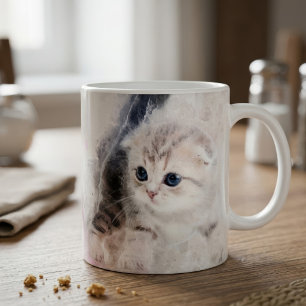 Kitten playing with a pink yarn ball watercolor coffee mug