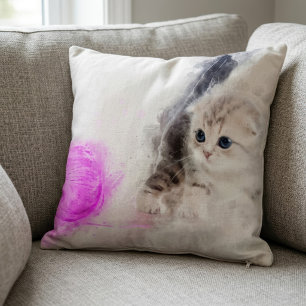 Kitten playing with a pink yarn ball watercolor cushion