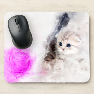 Kitten playing with a pink yarn ball watercolor mouse pad