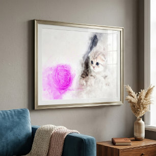 Kitten playing with a pink yarn ball watercolor photo print
