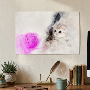 Kitten playing with a pink yarn ball watercolor poster
