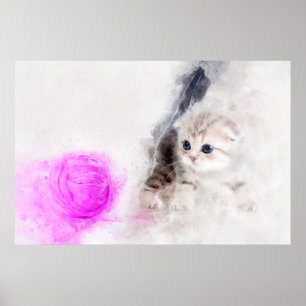 Kitten playing with a pink yarn ball watercolor poster