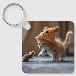 Kitten playing with a small mouse key ring